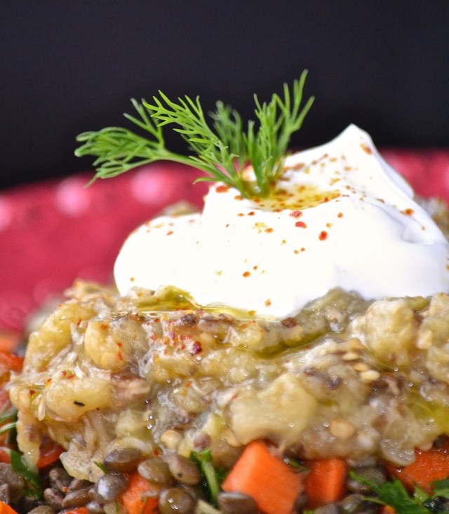 Lenteilles et aubergine grillée - Lentils and broiled eggplant --- www.catherinecuisine.com